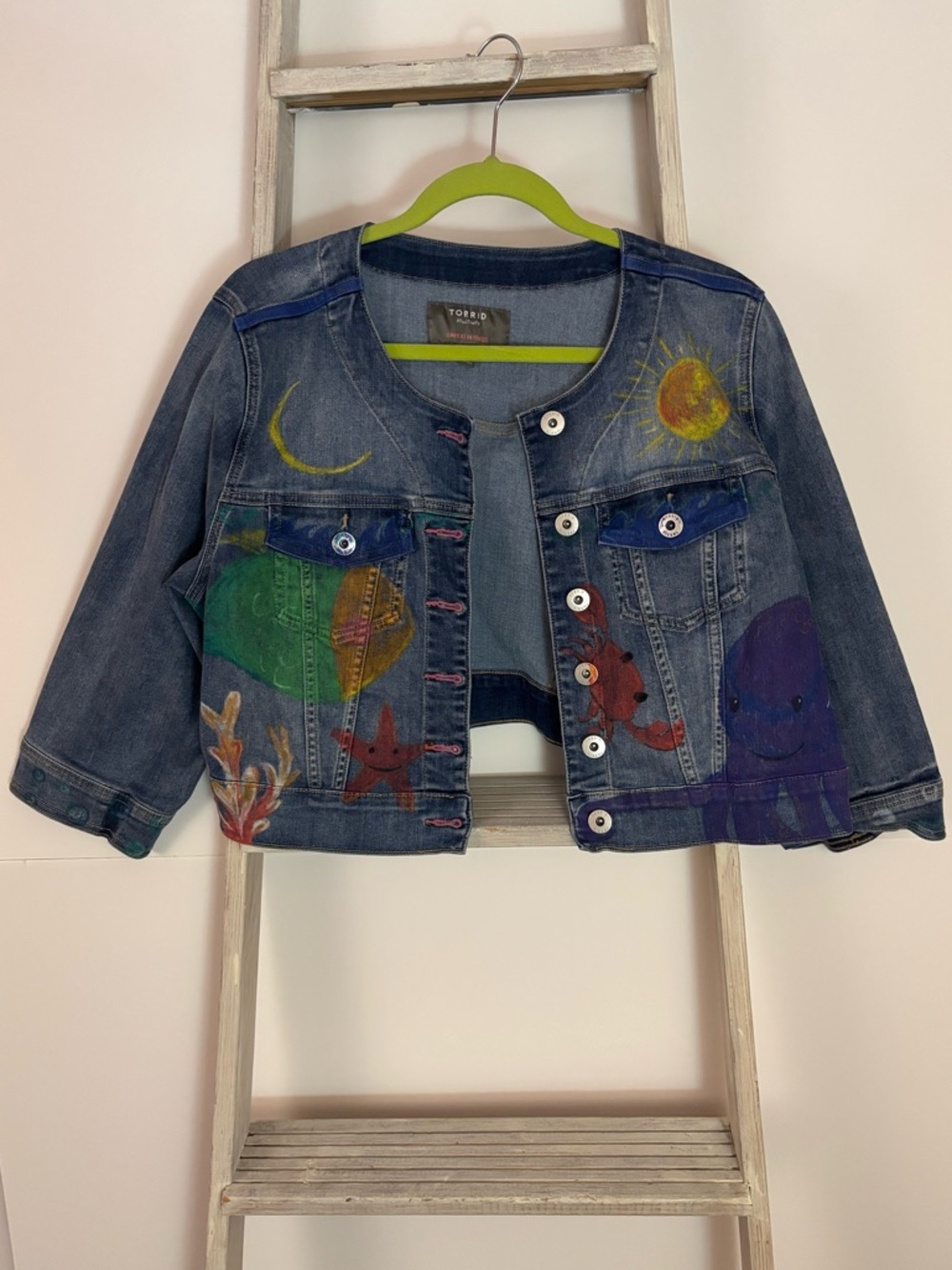 Torrid 2 painted Denim Jacket, whimsical, global village, bohemian, wearable art